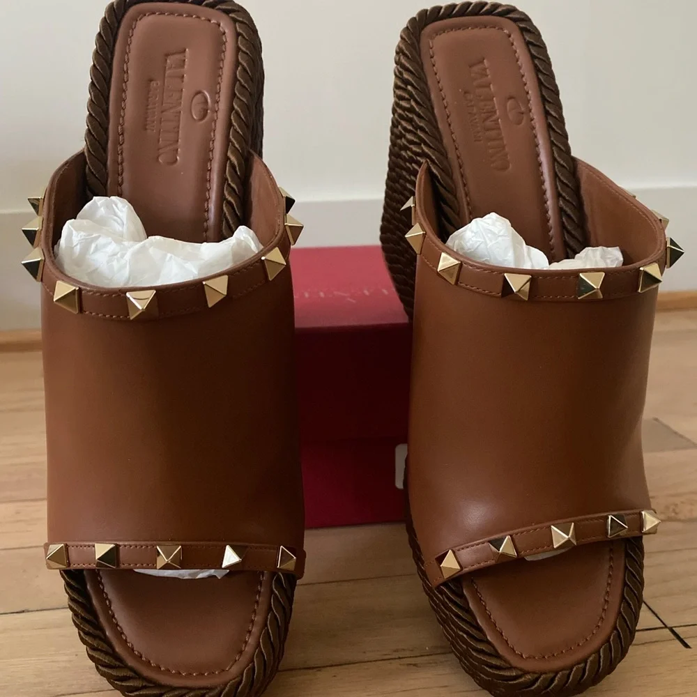 Valentino Garavani slide espadrilles, brown w/gold hardware size 11 (Never Worn) - Picture 1 of 4